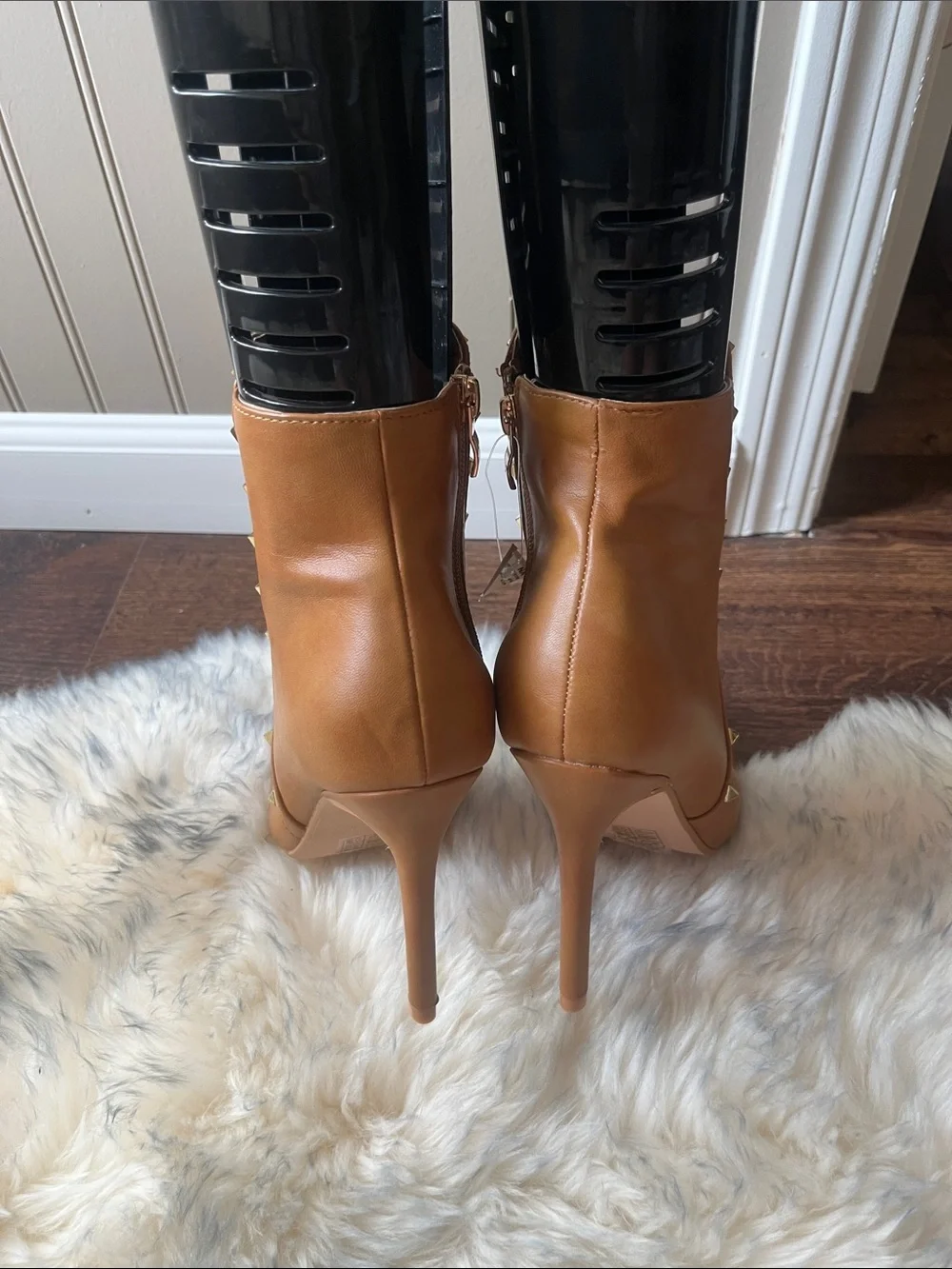 Studded Pointed-Toe Ankle Boots in Cognac